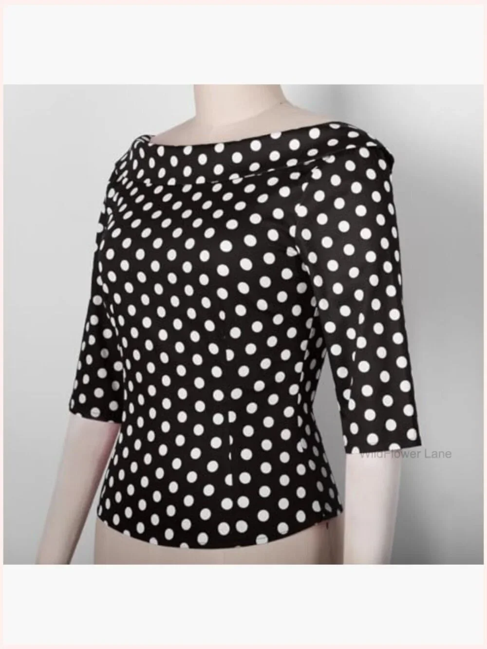 Vintage Pinup Blouse with Back Bow Tie, Medium Sleeves Boat Neck Cotton Top